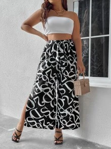 Calvaya Plus Letter Graphic Split Thigh Tie Front Wide Leg Trousers - Black and White - View 3