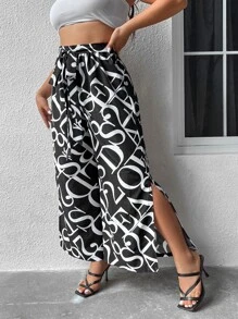 Calvaya Plus Letter Graphic Split Thigh Tie Front Wide Leg Trousers - Black and White - View 4