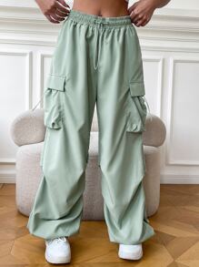 SHEIN EZwear Quần nữ Dây kéo Túi màu trơn Giải trí - Màu xanh Bạc hà - Xem 5