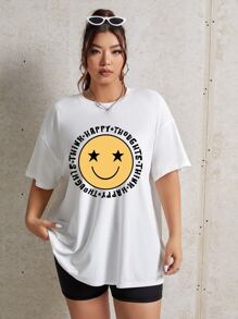 LittlestoMiddles Plus Size Cartoon & Slogan Graphic Drop Shoulder Tee - White - View 1