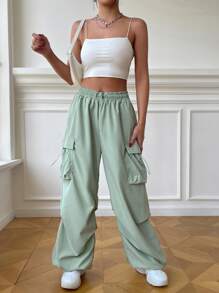 SHEIN EZwear Quần nữ Dây kéo Túi màu trơn Giải trí - Màu xanh Bạc hà - Xem 3