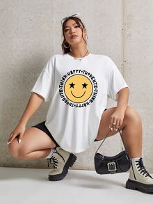 LittlestoMiddles Plus Size Cartoon & Slogan Graphic Drop Shoulder Tee - White - View 5