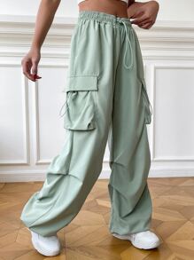 SHEIN EZwear Quần nữ Dây kéo Túi màu trơn Giải trí - Màu xanh Bạc hà - Xem 4