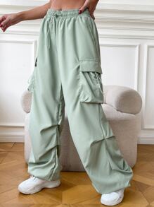 SHEIN EZwear Quần nữ Dây kéo Túi màu trơn Giải trí - Màu xanh Bạc hà - Xem 6