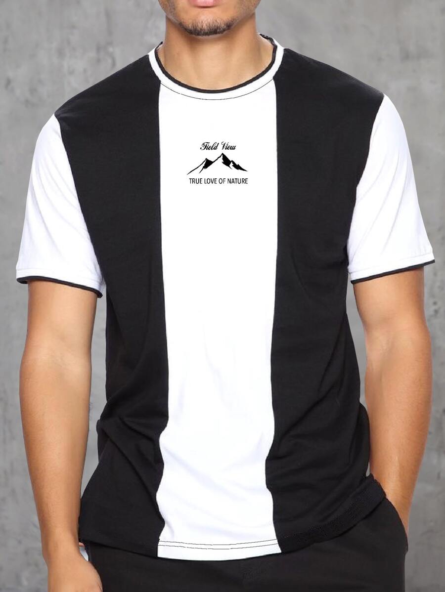 Manfinity Men Letter Graphic Two Tone Tee - Black and White - View 1