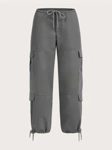 SHEIN PETITE Drawstring Waist Flap Pocket Cargo Trousers - Grey - View 1