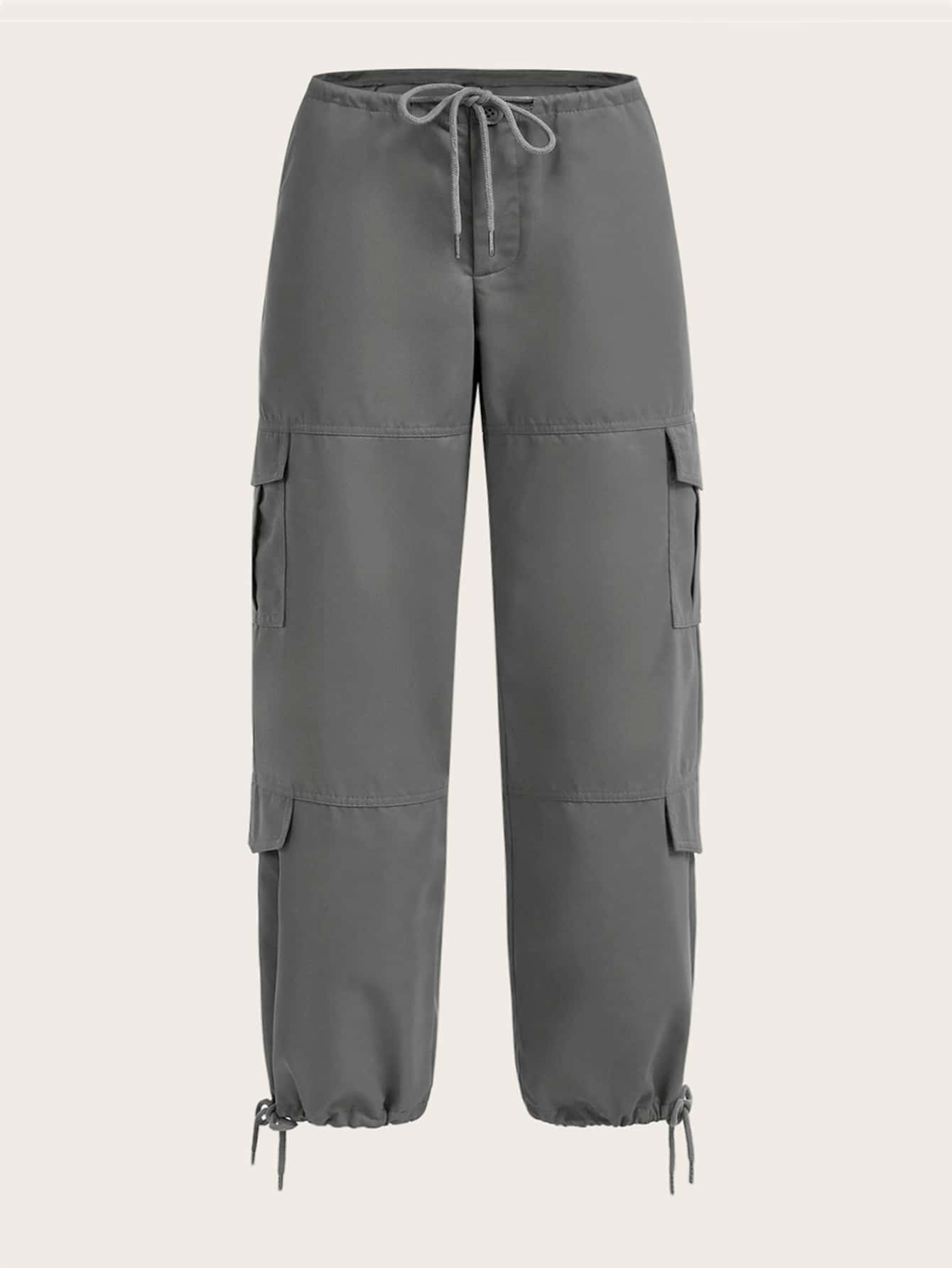 SHEIN PETITE Drawstring Waist Flap Pocket Cargo Trousers - Grey - View 1