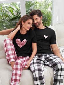 Hombres con estampado de corazón Camiseta de dormir & con estampado de cuadros Pantalones de dormir - Blanco y Negro - Ver 2