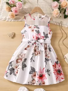 SHEIN 女小童白色印花度假雞心領洋裝帶圓領適合夏天 - 白色 - 查看 1