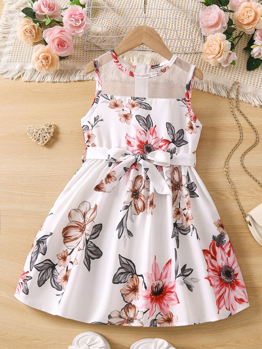 SHEIN 女小童白色印花度假雞心領洋裝帶圓領適合夏天 - 白色 - 查看 1