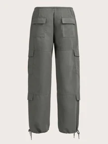 SHEIN PETITE Drawstring Waist Flap Pocket Cargo Trousers - Grey - View 2