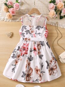 SHEIN 女小童白色印花度假雞心領洋裝帶圓領適合夏天 - 白色 - 查看 2