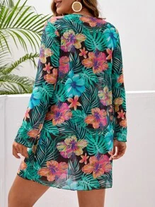 Tropical Print Summer Beach Bikini Set With Kimono - Multicolor - View 2