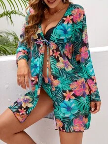 Tropical Print Summer Beach Bikini Set With Kimono - Multicolor - View 5
