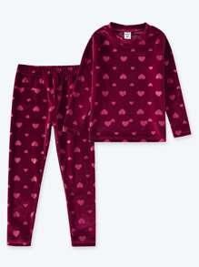 Toddler Girls Heart Print Snug Fit PJ Set - Burgundy - View 1