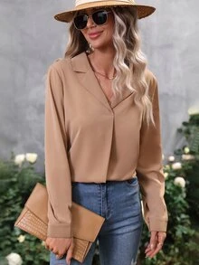SHEIN LUNE Lapel Neck Fold Pleated Blouse - Khaki - View 4