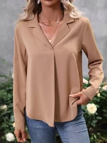 SHEIN LUNE Lapel Neck Fold Pleated Blouse - Khaki - View 3