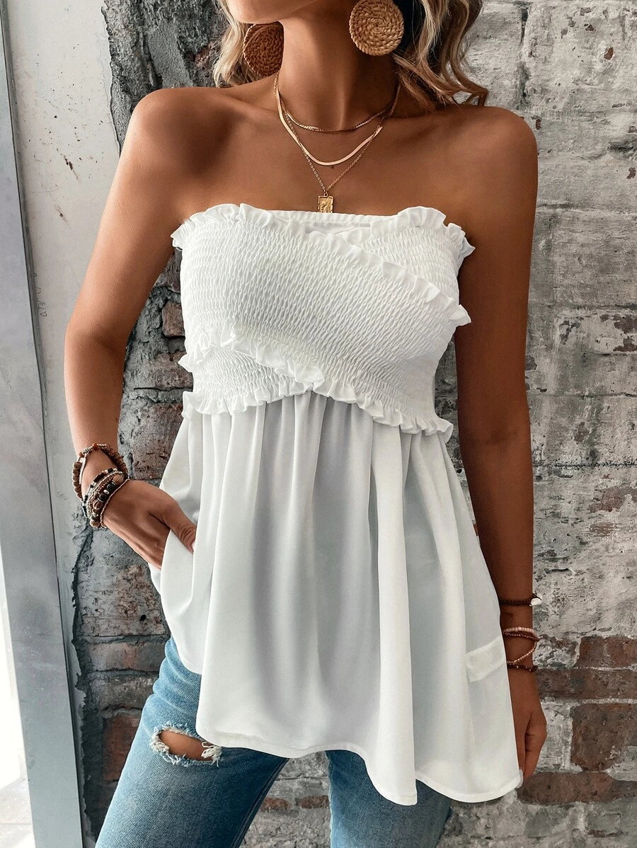Breezaya Frill Trim Ruffle Hem Tube Top - White - View 1