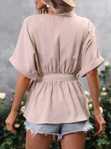 SHEIN LUNE Batwing Sleeve Belted Blouse - Apricot - View 4