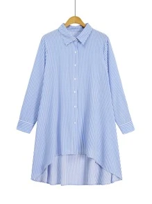 Calvaya Plus Striped Print High Low Hem Blouse Women Shirt - Blue and White - View 1