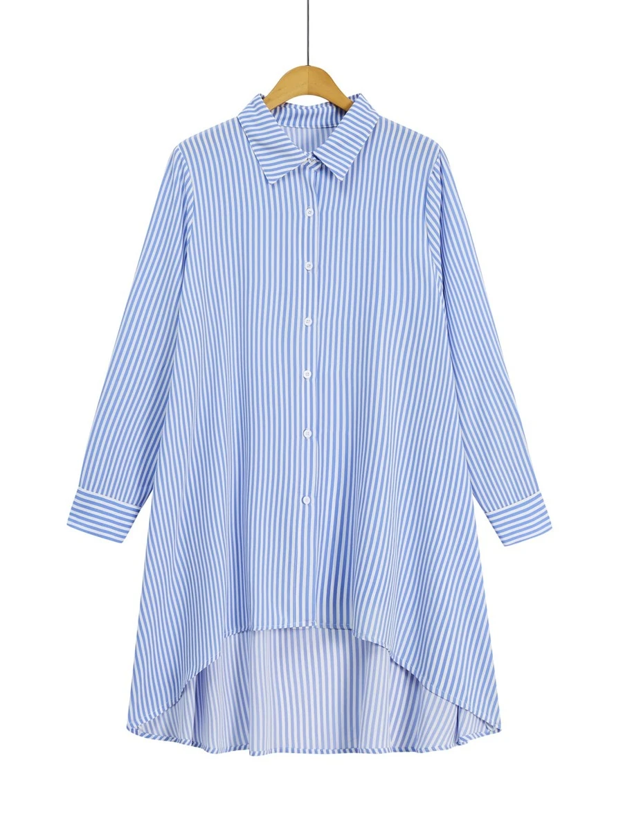 Calvaya Plus Striped Print High Low Hem Blouse Women Shirt - Blue and White - View 1