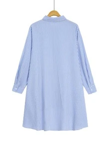 Calvaya Plus Striped Print High Low Hem Blouse Women Shirt - Blue and White - View 2