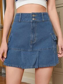 SHEIN MOD Flap Pocket Side Plicated Hem Denim Skirt - Medium Wash - View 1