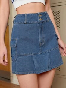 SHEIN MOD Flap Pocket Side Plicated Hem Denim Skirt - Medium Wash - View 5