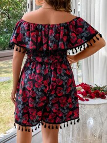 SHEIN LUNE Plus Floral Print Off Shoulder Tassel Trim Romper - Multicolor - View 2