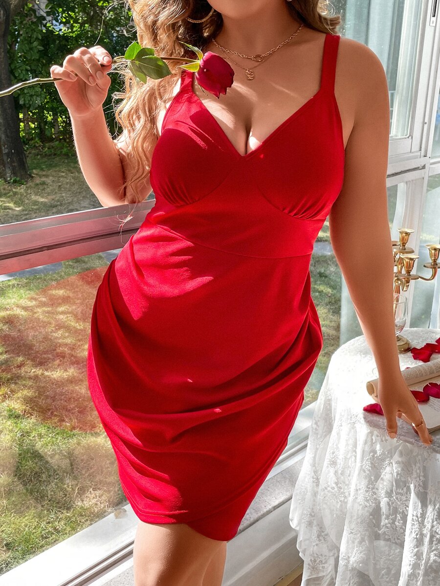 SHEIN Unity Plus Ruched Tulip Hem Cami Dress - Red - View 1