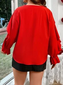 Celure Blusa ribete con fruncido de manga con volante - Rojo - Ver 2