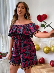 SHEIN LUNE Plus Floral Print Off Shoulder Tassel Trim Romper - Multicolor - View 6