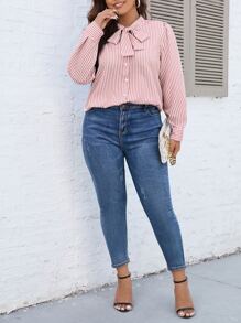 SHEIN Clasi Plus Striped Tie Neck Shirt - Pink - View 3