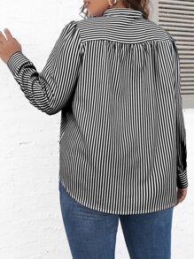 SHEIN Clasi Plus Striped Tie Neck Shirt - Black and White - View 2