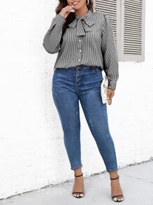 SHEIN Clasi Plus Striped Tie Neck Shirt - Black and White - View 4