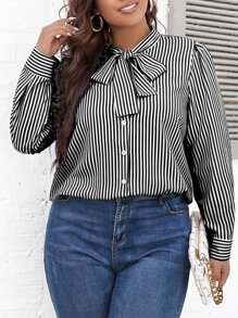 SHEIN Clasi Plus Striped Tie Neck Shirt - Black and White - View 6