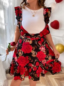 SHEIN Unity Plus Floral Print Ruffle Hem Pinafore Dress Without Tee - Multicolor - View 4
