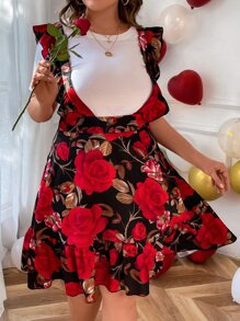 SHEIN Unity Plus Floral Print Ruffle Hem Pinafore Dress Without Tee - Multicolor - View 6