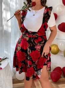 SHEIN Unity Plus Floral Print Ruffle Hem Pinafore Dress Without Tee - Multicolor - View 1