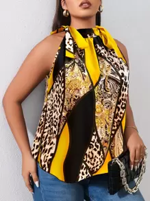 SHEIN Clasi Plus Leopard & Paisley Print Knot Shoulder Blouse For Summer - Yellow - View 1