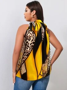 SHEIN Clasi Plus Leopard & Paisley Print Knot Shoulder Blouse For Summer - Yellow - View 2
