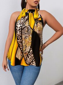 SHEIN Clasi Plus Leopard & Paisley Print Knot Shoulder Blouse For Summer - Yellow - View 3