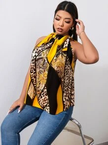SHEIN Clasi Plus Leopard & Paisley Print Knot Shoulder Blouse For Summer - Yellow - View 4