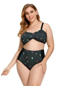 Plus Size Cactus Print Ruched Bikini Set Summer Beach - Dark Green - View 1
