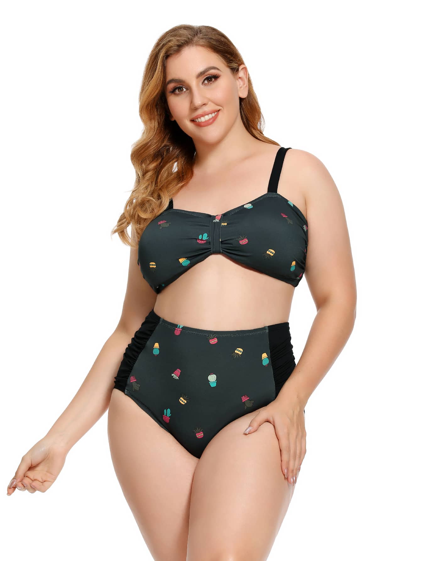 Plus Size Cactus Print Ruched Bikini Set Summer Beach - Dark Green - View 1