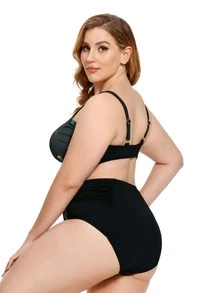 Plus Size Cactus Print Ruched Bikini Set Summer Beach - Dark Green - View 2