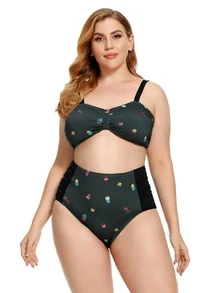 Plus Size Cactus Print Ruched Bikini Set Summer Beach - Dark Green - View 3