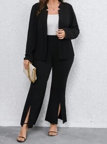 SHEIN Clasi 大碼素色開門襟西裝外套和下擺開叉長褲 - 黑色 - 查看 1