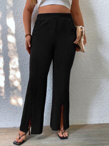 Mulvari Plus High Waist Split Hem Flare Leg Trousers - Black - View 6