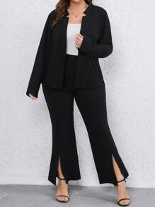 SHEIN Clasi 大碼素色開門襟西裝外套和下擺開叉長褲 - 黑色 - 查看 4